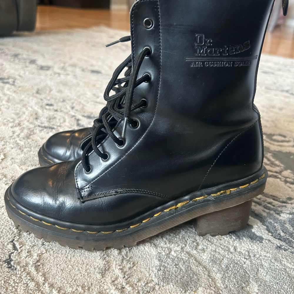Made in England Dr. Martens Black Combat Moto Boots with Yellow Stitching